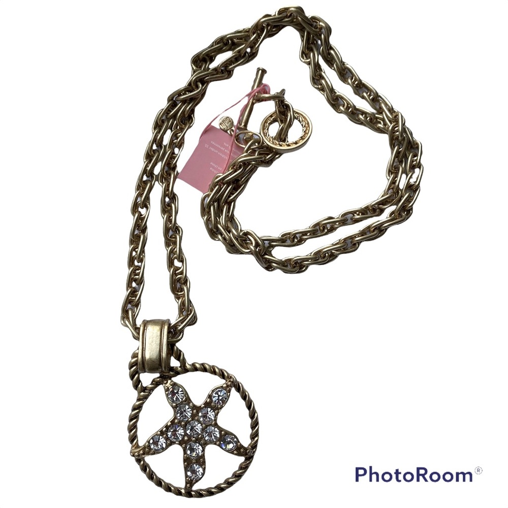 CAbi starfish medallion, style 2128, gold-tone, rhinestone starfish necklace